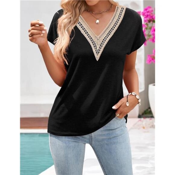Women's Casual Cap Sleeve Lace Trim V Neck Tops 2025 Summer Loose Tee - Picture 5 of 7